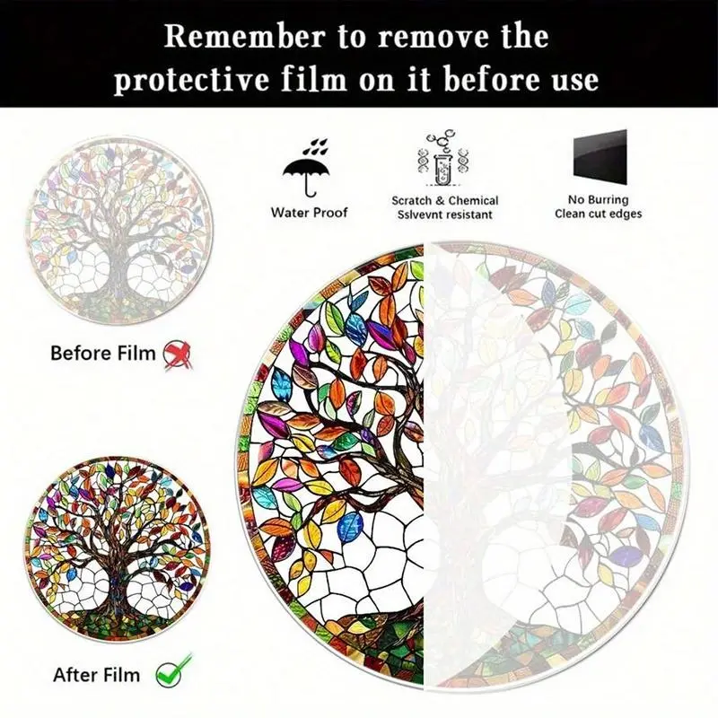 Colorful Tree Of Life Design Sun Catcher, Double Sided Decorative Pendant with Chain, Hanging Decor for Home Living Room Bedroom, Hangable 3