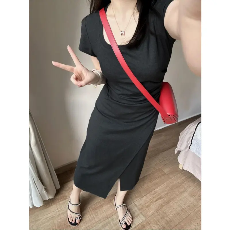 Váy ngắn Tay Màu Xám, Cổ Vuông, Thiết Kế Đẹp, Dành Cho Nữ, Váy Bodycon Xích Thắt Eo Xiacnee, Váy Dài Xẻ Tà, Thanh Lịch, Thời Trang, Năm 2025 6