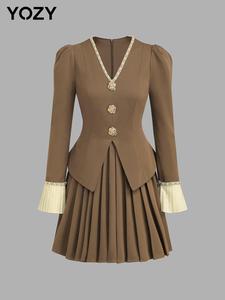 YOZY Women's 2 IN 1 Patchwork Pleated V Neck Dress, Elegant Fashion Casual Dress for Daily Outdoor Wear, Women Dress for Fall & Winter