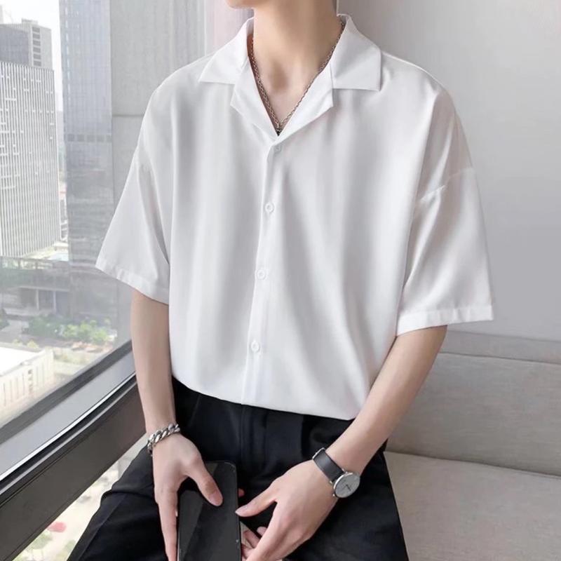 Áo sơ mi cổ vest, cổ V ngắn tay form rộng lụa hàn chống nhăn unisex Menswear