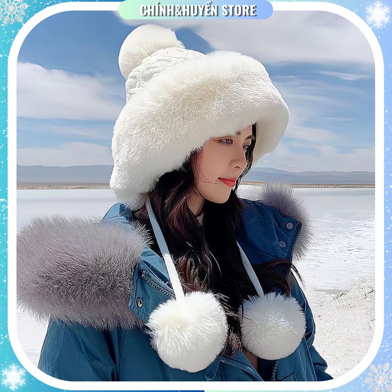 Mũ len nữ kiểu dáng thời trang hoạ tiết hai quả bông đội ấm mùa thu đông Women Hat