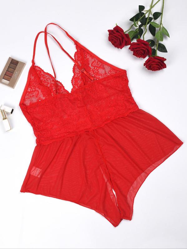 【Plus Size】 Contrast Lace Criss Cross Backless Cami Sexy Bodysuit Costumes, Solid Spaghetti Strap One-piece Sexy Costumes, Women's Sexy Lingerie for All Seasons, Naughty Lingerie 4
