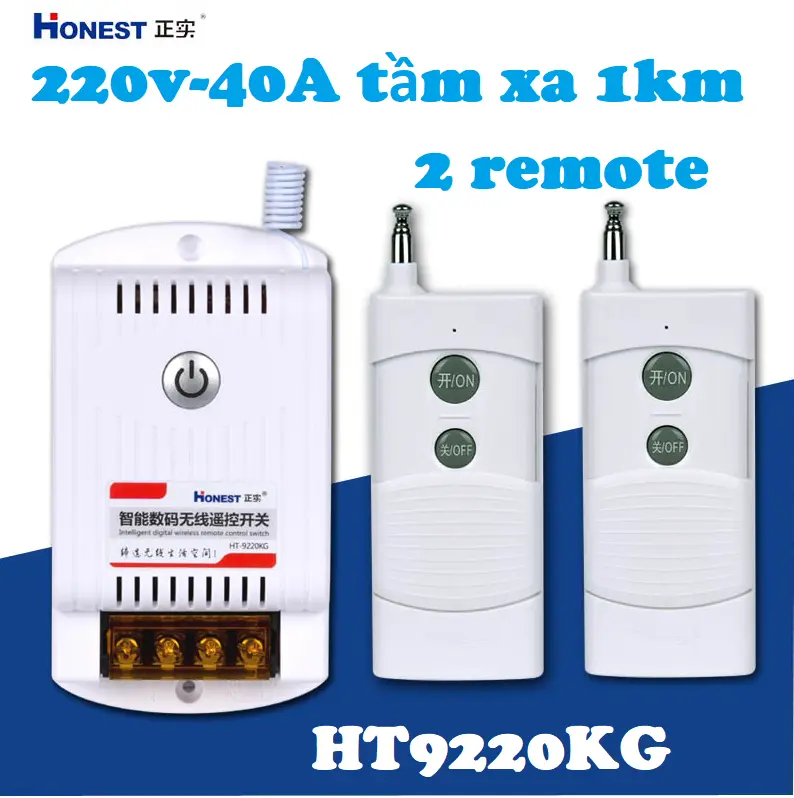 (2 remote) Honest HT-9220KG 220v 40A tầm xa 1-1000m,Công tắc điều khiển từ xa công suất lớn,điều khiển máy bơm nước máy rửa xe,thiết bị điện....