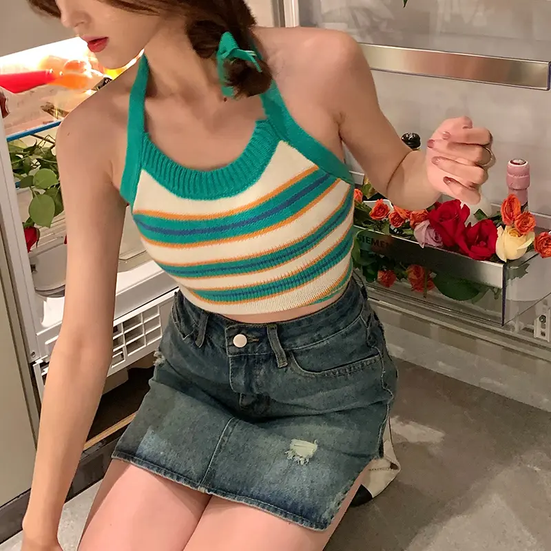 Women  Backless Vest, Stripe Pattern Halter Neck Sleeveless Crop Tops, Blue/ Green