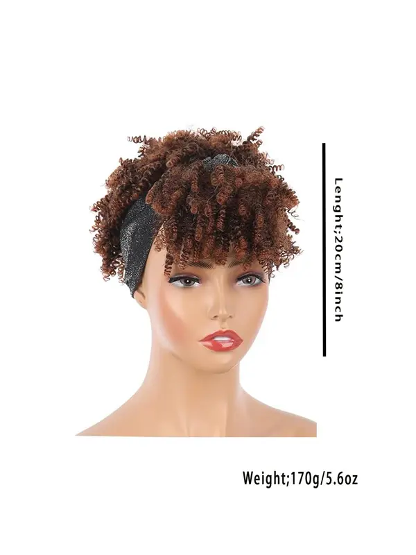 8 Inch Afro Brown Short Curly Wigs with Headband for Women, Gorgeous Fluffy Wigs with Bangs, Synthetic Full Machine Wigs for Party, Daily Use 1