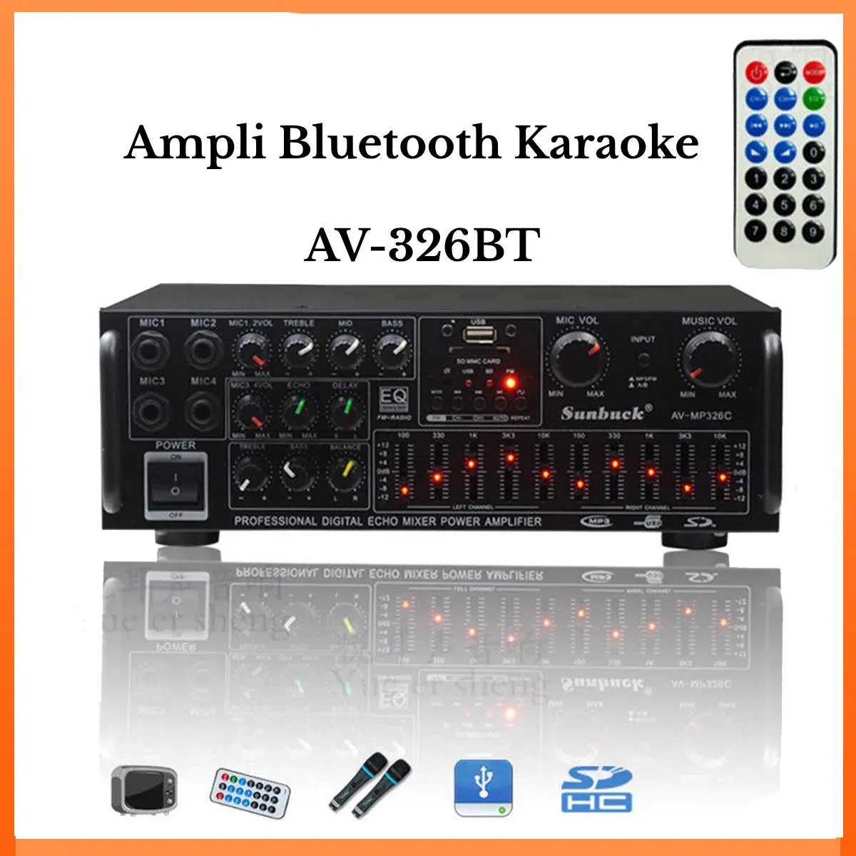 Amly karaoke bộ khuếch đại 326BT hàng (cổng 12v, 220v, có bluetooth) Bộ khuếch đại Bluetooth ô tô / gia đình Nghe Nhạc Amply bluetooth karaoke bộ khuếch đại 326BT hàng chuẩn