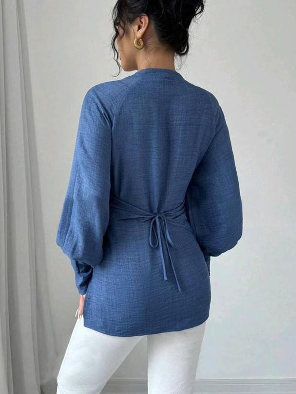 Women's Plain Wrap V Neck Blouse, Casual Long Sleeve Top for Spring & Fall, Women's Clothing for Daily Wear 1