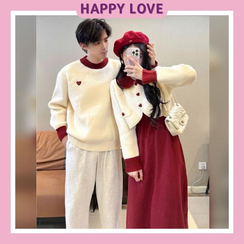 Đồ đôi nam nữ mùa đông áo nam dài tay áo croptop nữ kèm đầm nữ màu đỏ thời trang HAPPYLOVE H213