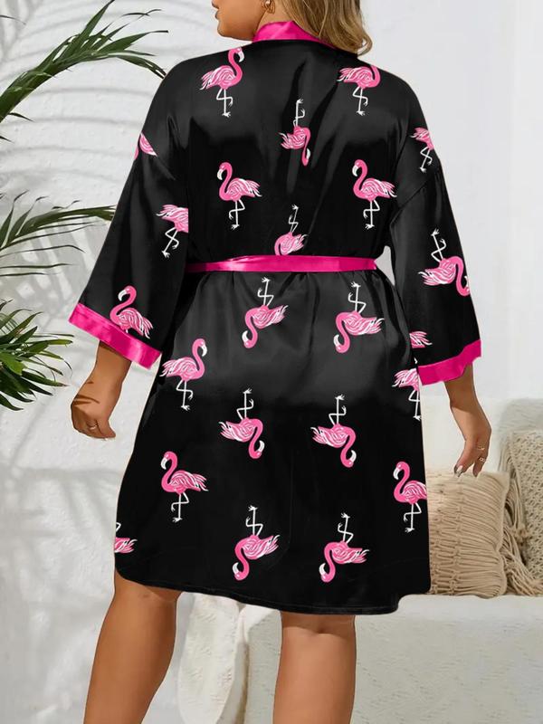【Plus Size】 Flamingo Print Belted Robe, Casual Long Sleeve Robe, Women's Sleepwear for Spring & Fall 0