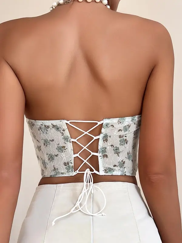 Women's Ditsy Floral Lace Up Criss Cross Backless Crop Tube Top, Summer Clothes Women, Fashionable Hanky Hem Sleeveless Top for Summer, White Tube Top, Summer Tops, Lady's Top for Beach Holiday Vacation, Summer Womenswear 1