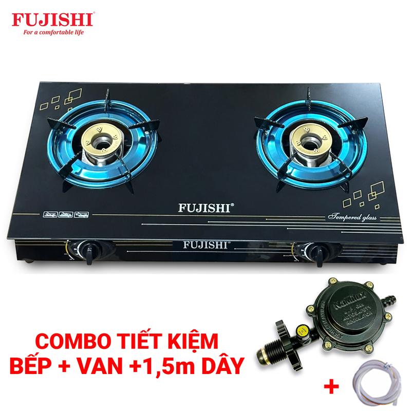 [ COMBO TIẾT KIỆM : BẾP + VAN GAS + 1,5M DÂY ] Bếp gas đôi mặt kính cường lực chén nhôm FUJISHI FJ-H20 - Lửa xanh tiết kiệm gas - Bảo hành chính hãng 02 Năm