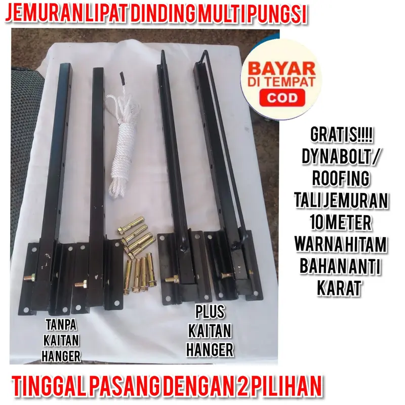 Jemuran Lipat Dinding Praktis Fulset Gratis Dynabolt Dan Tambang Jemuran 10meter /besi Tahan Karat/ Portabel besi tali 2