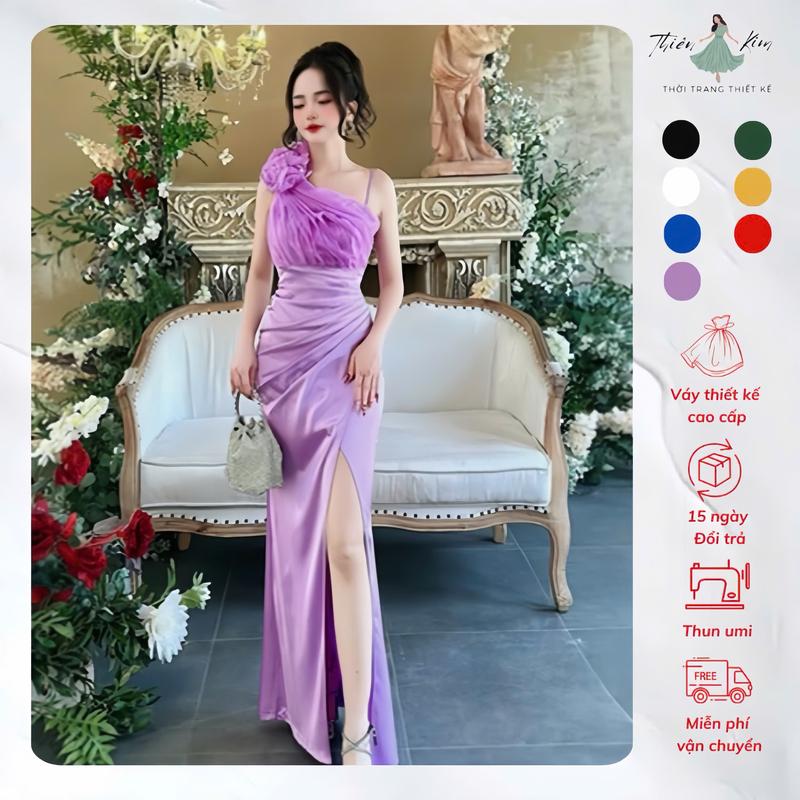 M048 - Đầm Dạ Hội Lệch Vai Bông Đính Hạt Trẻ Trung, Váy Dự Tiệc Cao Cấp Trung Niên Váy Bigsize Tặng Mẹ