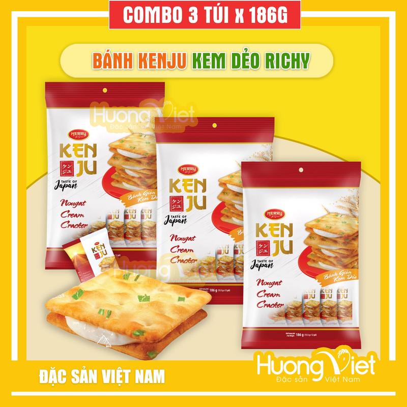 Combo 3 gói bánh quy Kenju 186gr bánh quy hành kem dẻo Richy bánh quy mặn kẹp kem đồ ăn vặt ngon bánh kẹo tết