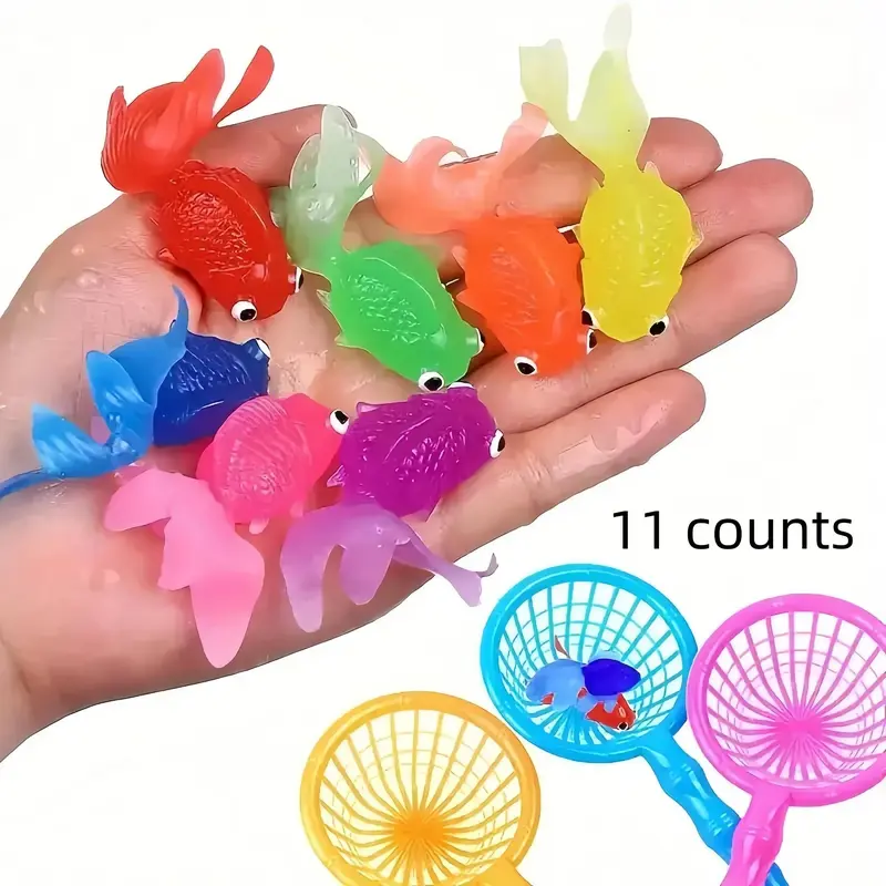 Random Color Floating Fish Toy & Fishing Net Set, 11pcs/set Soft Rubber Fish Toy & Fishing Net, Summer Party Decoration Supplies 0