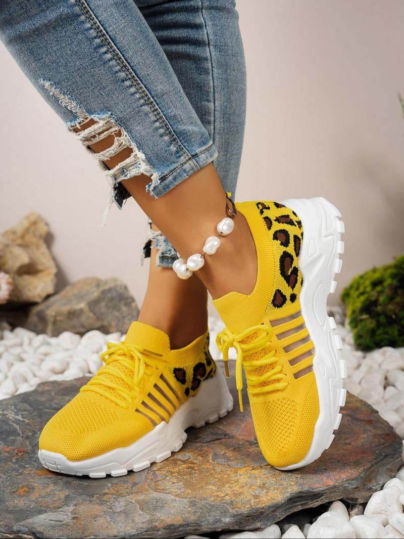 Product Introduction of Women's Fashionable Leopard Pattern Lace Up Running Shoes, Casual Comfortable Breathable Sports Shoes, Female All-match Round Toe Shoes for Daily Wear 4