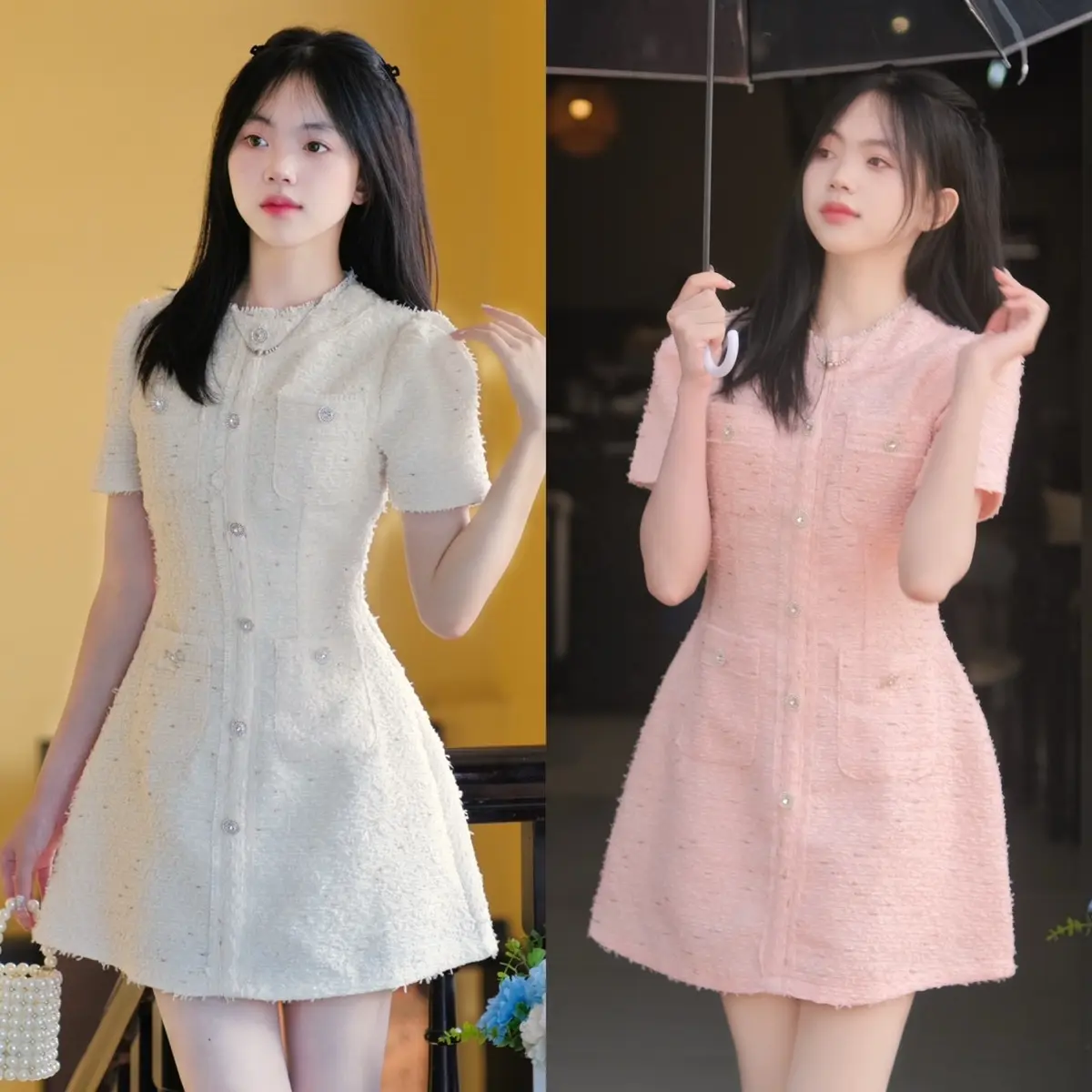 Miiushop- Váy dạ nhũ cúc đá viền tua rua
