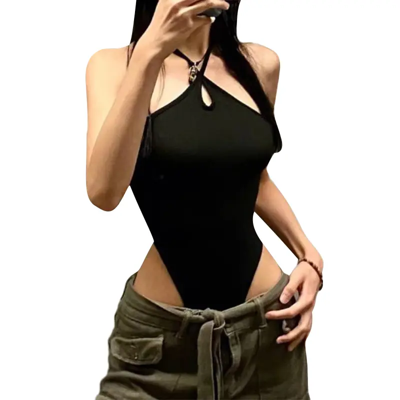 Women Halter Neck Bodysuits Casual Summer Crossed Straps Backless T-Shirt Jumpsuits for Club Streetwear Fashion Fit Sleeveless Womenswear Lingerie Polyester Slim Solid