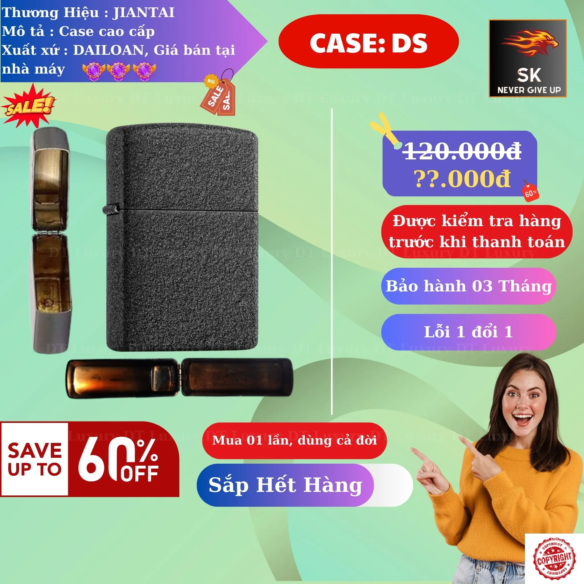 Case Quẹt JT Màu Đen Sần (H-0DS) Chất liệu đồng bạch (Không bao gồm nhiên liệu)