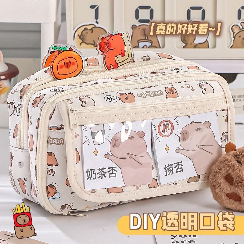 [Tặng gấu trúc+ sticker gấu trúc/capybara] Túi đựng bút cỡ lớn 9 ngăn KAMI TB23 , túi đựng mỹ phẩm, Hộp bút vải họa tiết trong suốt đáng yêu tiện lợi phong cách Hàn Quốc