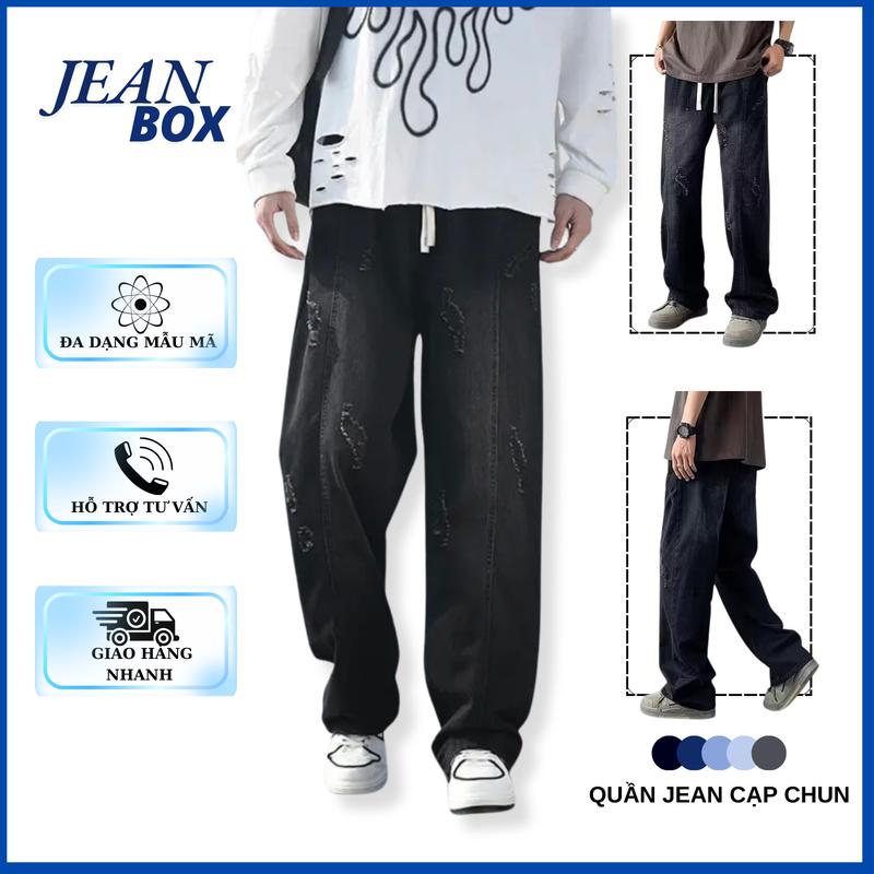 Quần jean nam nữ cạp chun  màu khói rách Bigsize JEAN BOX 09 thiết kế ống rộng , dễ phối đồ hợp mọi dáng người Menswear Pants Có Túi