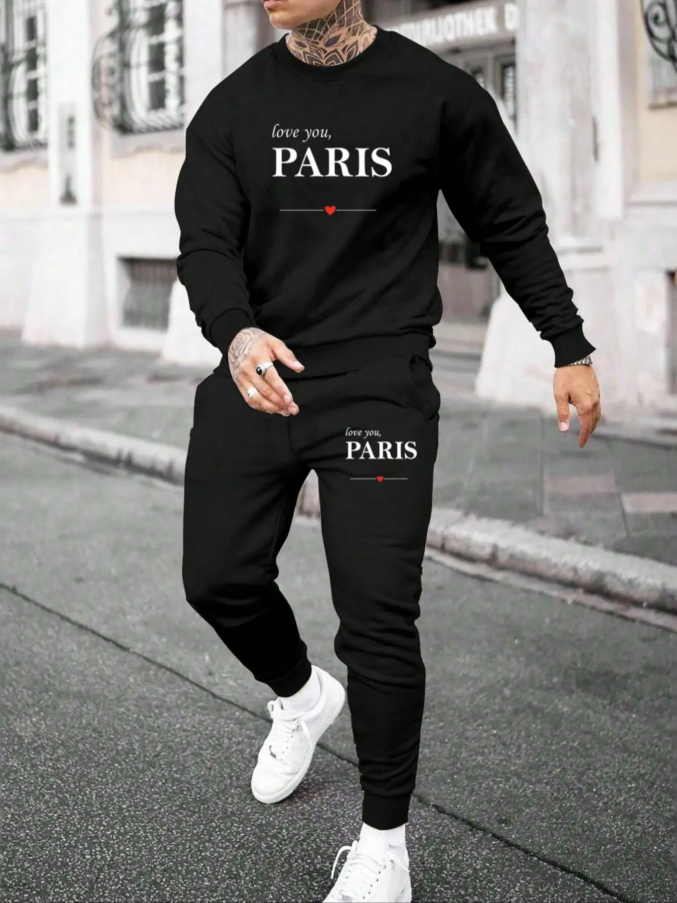 Men's Letter Print Sweatshirt & Pants Two-piece Set, Casual Round Neck Long Sleeve Pullover & Trousers for Fall & Winter, Men's Two-piece Outfits for Daily Wear