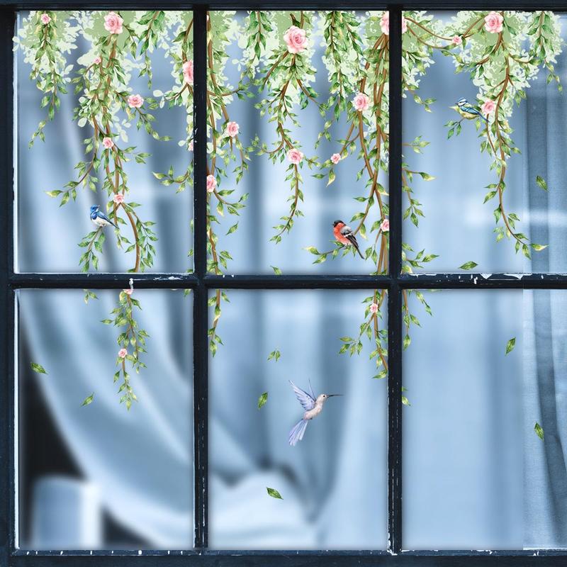 Flower & Bird Pattern Window Sticker, 2 Counts/set Colorful Exquisite Creative Double Sided Window Sticker, Decorative Sticker for Home Window Office School 3