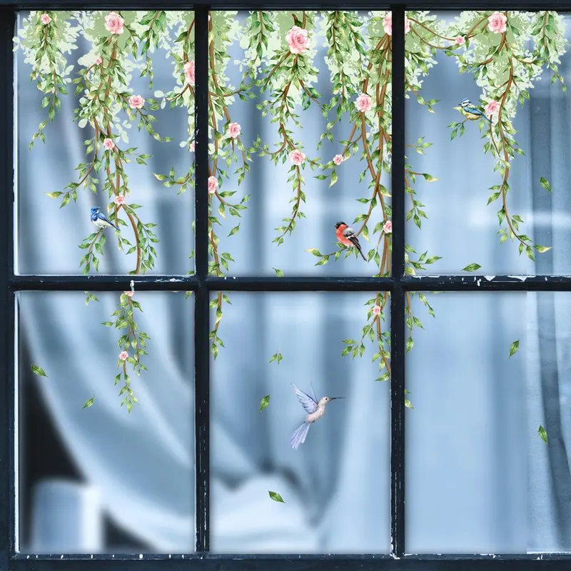 Flower & Bird Pattern Window Sticker, 2 Counts/set Colorful Exquisite Creative Double Sided Window Sticker, Decorative Sticker for Home Window Office School 3