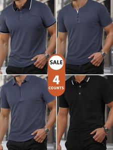 Men's Solid Color Polo Shirt(3 Pcs) and Henley Shirt(1 Piece) Set, Regular Fit Casual Comfortable Breathable Short Sleeve Top for Summer, Men's All-Match Clothes for Daily Wear