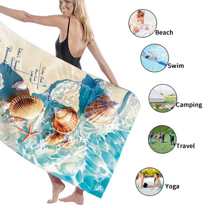 Summer Beach Starfish & Wave & Shell Pattern Beach Towel, Quick-drying Absorbent Towel, Household Towel for Beach Camping Swimming Pool 7