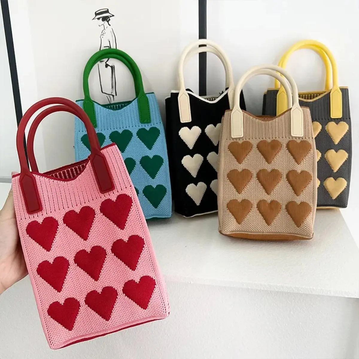 New Love Mobile Phone Bag Knitted Bag Large Capacity Tote Bag Student Crossbody Bag Woolen Bag
