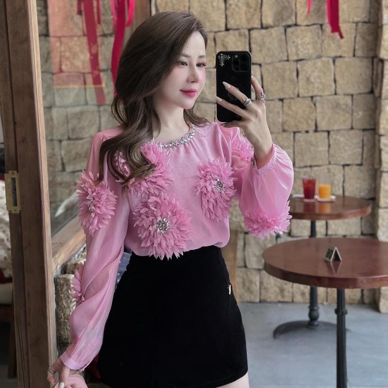 Áo sơ mi hoa tơ nổi thêu đá hàng siêu cấp QC