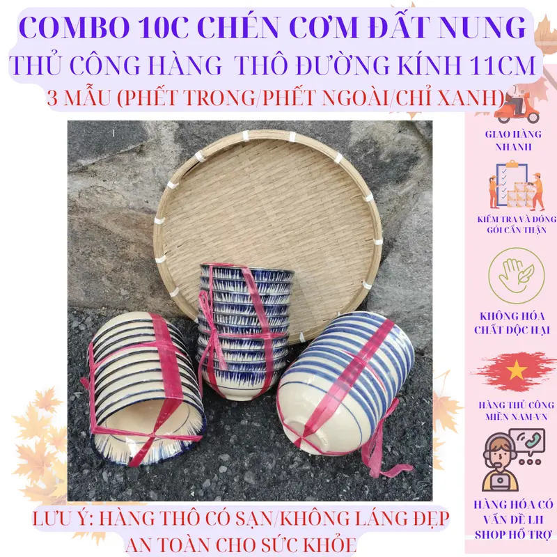 COMBO 10c CHÉN CƠM ĐẤT NUNG  THỦ CÔNG HÀNG  THÔ ĐƯỜNG KÍNH 11cm  3 MẪU (PHẾT TRONG/PHẾT NGOÀI/CHỈ XANH) 2