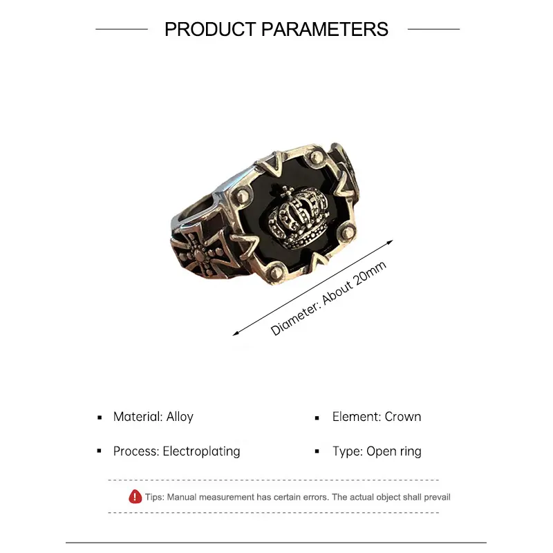 【zhamus】Retro Thai-silver Crown Open Ring Hip Hop Dark Ring Women Fashion Cross Index Finger Ring 8