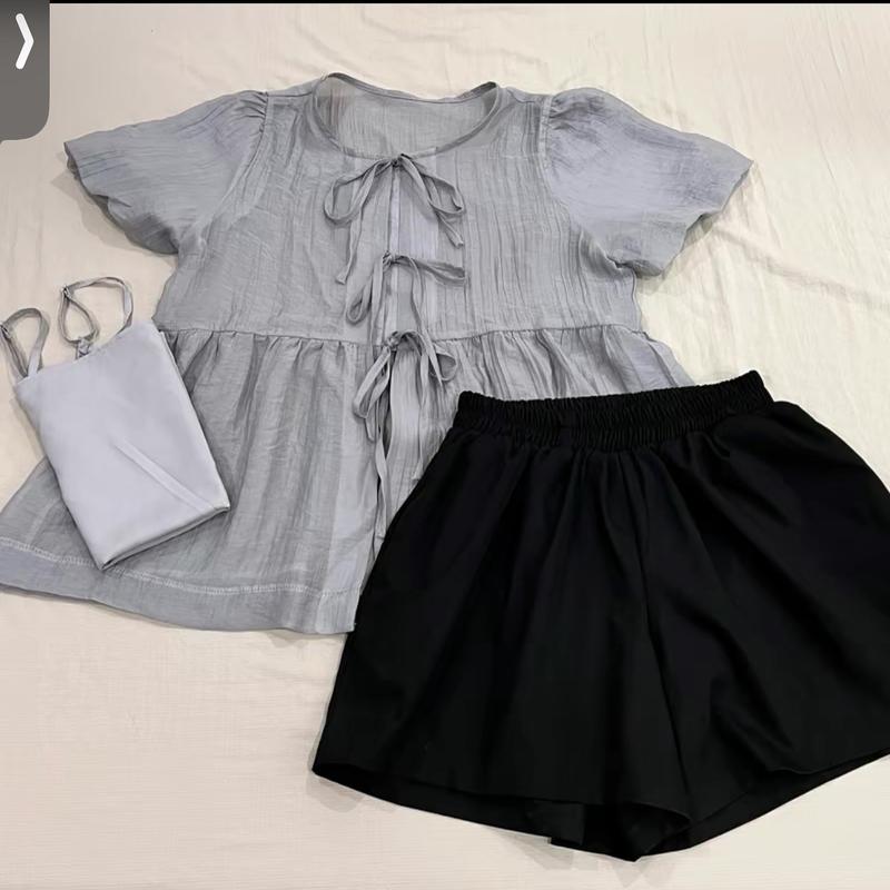 [ Bigsize 55-100kg] Set 3 món áo babydoll kèm áo 2 dây, quần đùi ống rộng nữ tính