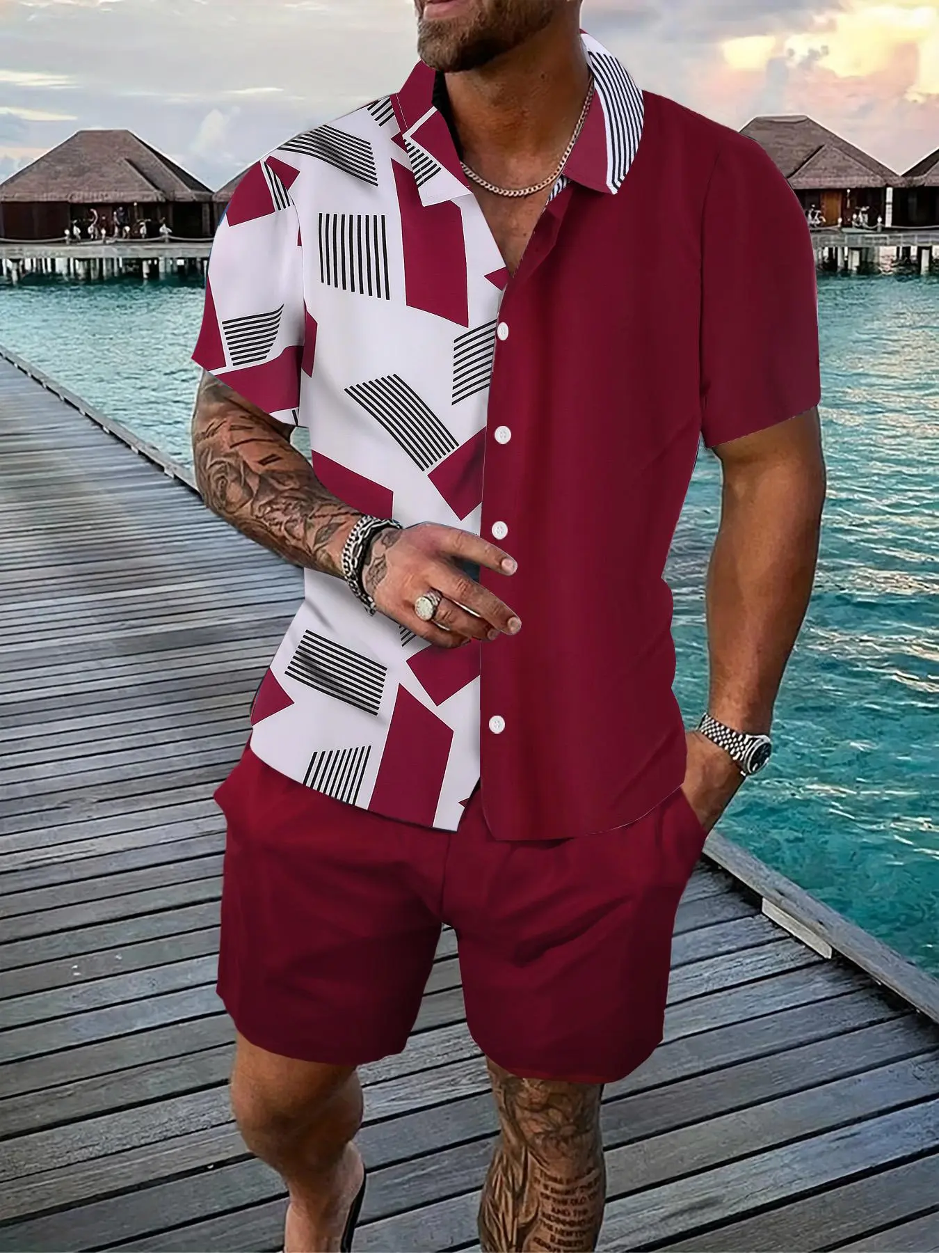 Men's Floral & Leaf Print Short Sleeve Shirt & Drawstring Waist Shorts Set, Regular Fit Casual Collared Button Up Top & Shorts, Summer Outfits Clothes Set for Men