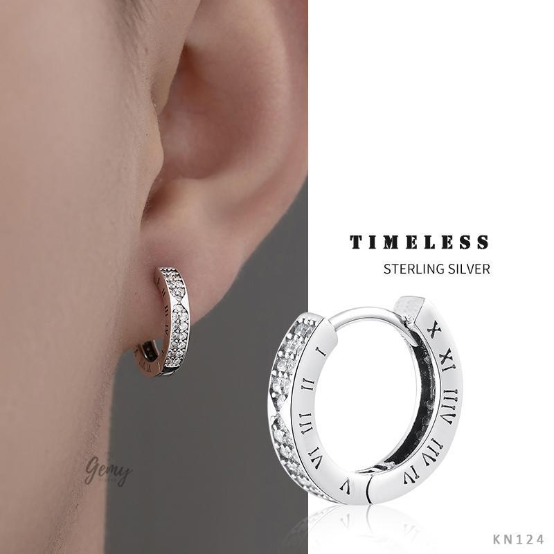 Khuyên tai tròn nam bạc 925 khắc chữ số la mã đính đá Timeless 2 (1 chiếc) | GEMY SILVER KN124