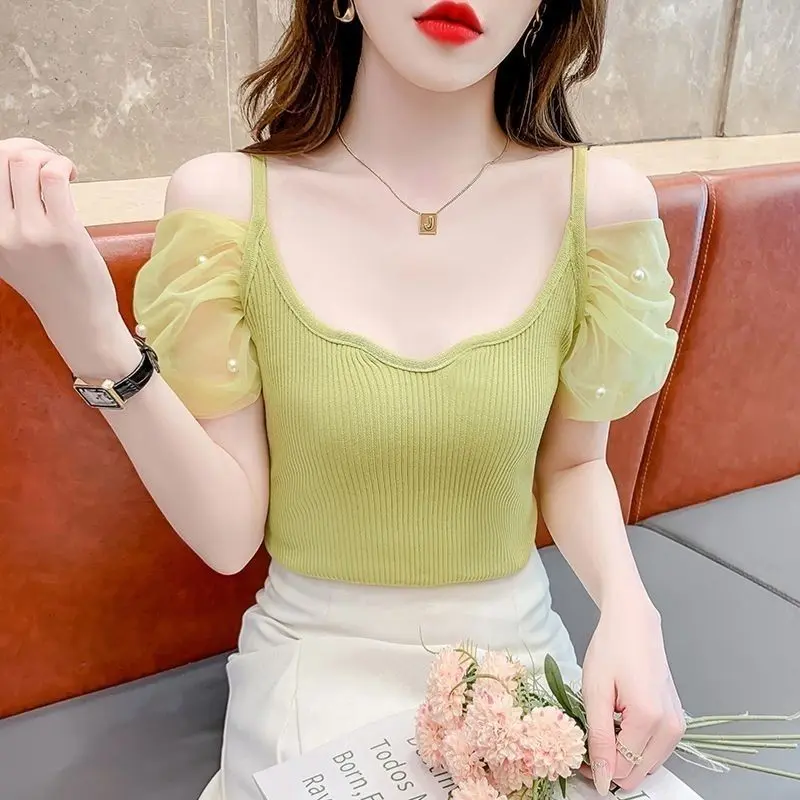 Áo Mùa Hè, Thiết Kế Mới, Chất Liệu Lưới, Ngắn, Kiểu Trễ Vai, Dây Đeo Spaghetti Ngọt Ngào, ngắn Tay, Khâu Bong Bóng, Thích Hợp Cho Năm 2024 Top Nữ Women Sơ Mi Shirt đỏ đô