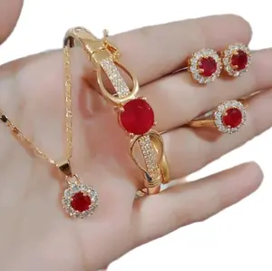 Perhiasan Fashion Wanita Full Set Titanium Mewah Motif Permata Merah Terbaru Emas Berlian