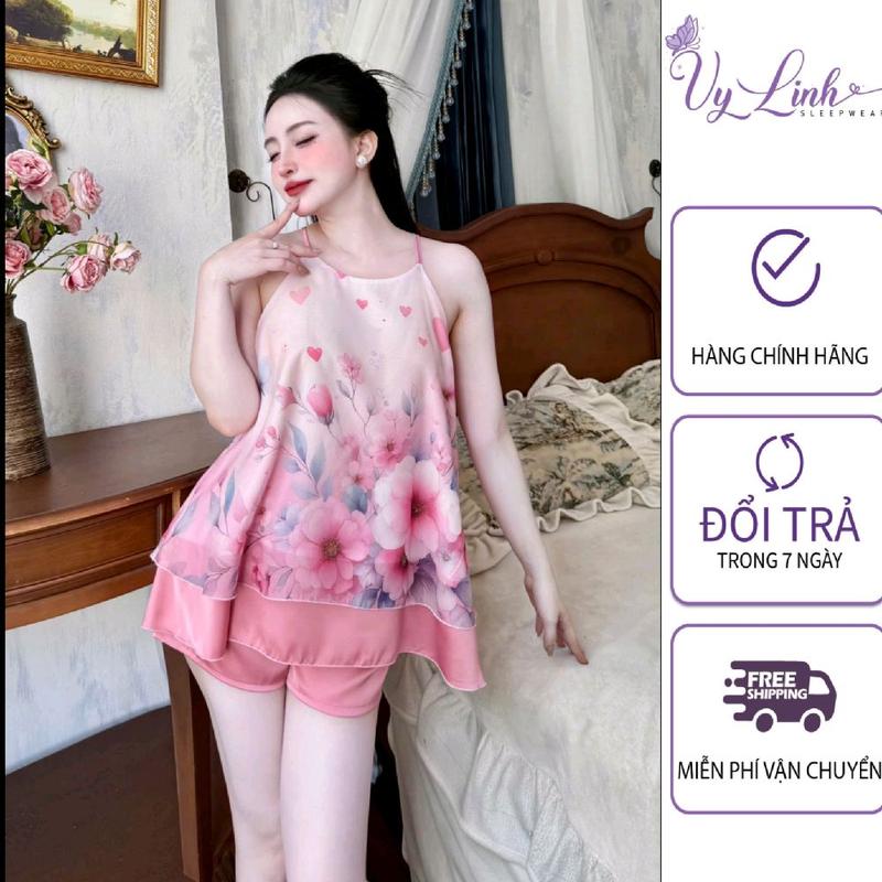 Bộ Đồ Yếm Ngủ Dành Cho Nữ Hoạ Tiết Hoa Lá Chất Liệu Voan Ánh Kim 2 Lớp S957
