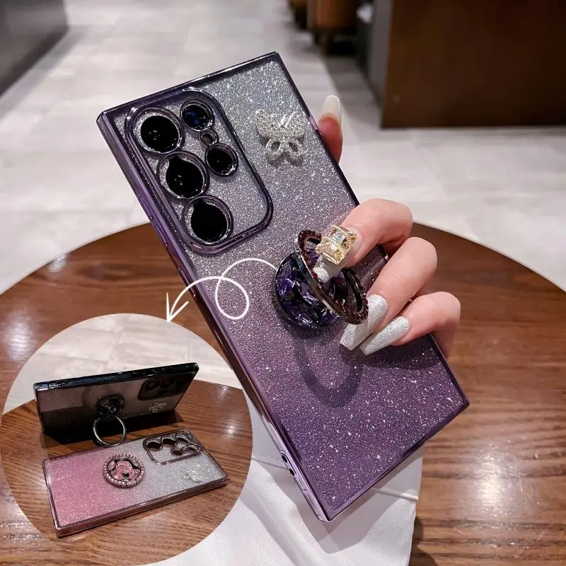 Glitter Phone Case with Ring Holder, 1 Count Fashion Phone Protective Cover, Phone Accessory Compatible with Samsung Galaxy S20/21/22/23/24 Series, Pop-Socket Phone Case