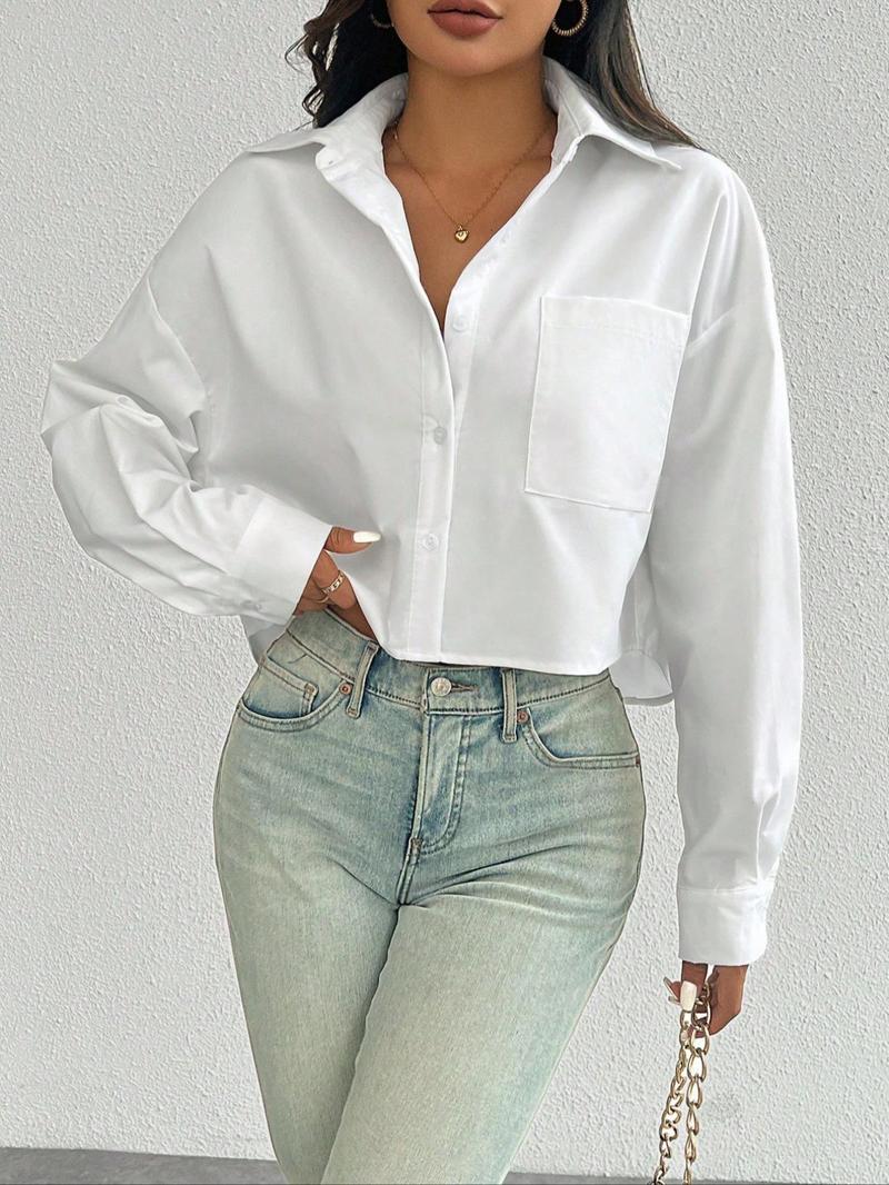 Product Introduction of Women's Plain Pocket Long Sleeve Shirt, Casual Classy Collared Top for Daily Wear, Ladies Clothes for All Seasons 1