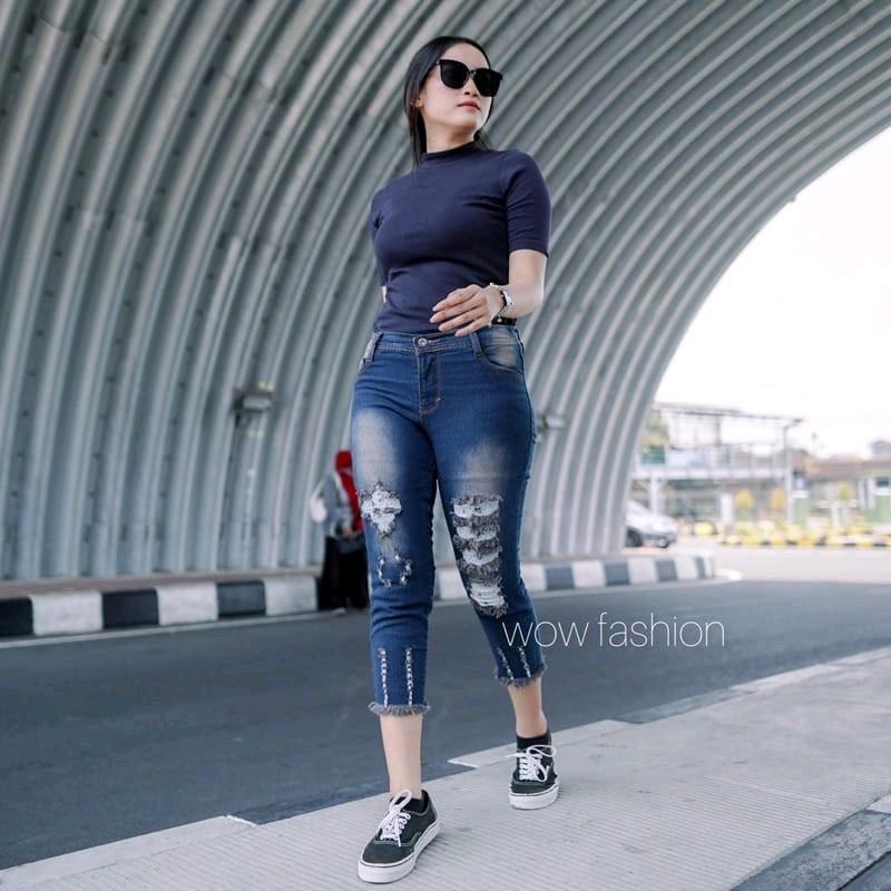 jener celana jeans wanita 7/9 model sobek-sobek street kekinian ada lapisan bawah rawis kaki melar Soft Stretch 4
