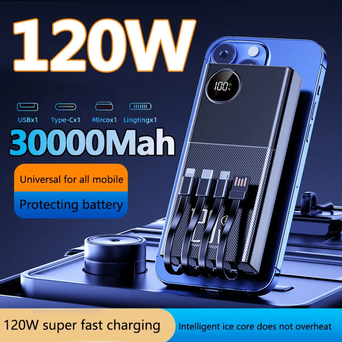 120W 30000 mAh Powerbank Fast Charging Power Bank With Built in Cable for iPhone Samsung Portable Charger DX126 airplane  power  bank type c built-in phone case power banks 25000  mah  power  bank power  bank