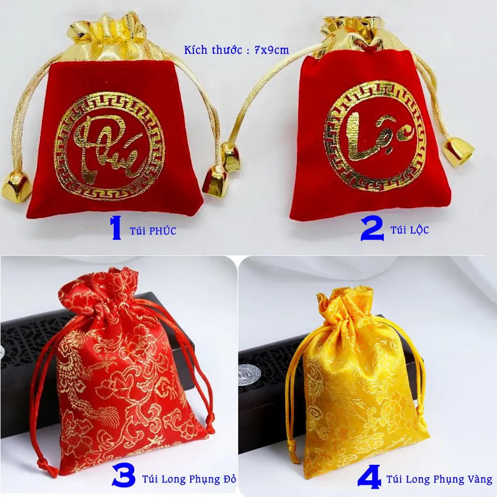 Túi Nhung Chữ Phúc Lộc rút dây 7 x 9 đựng Xu, Trang Sức, Đồ Phong Thủy