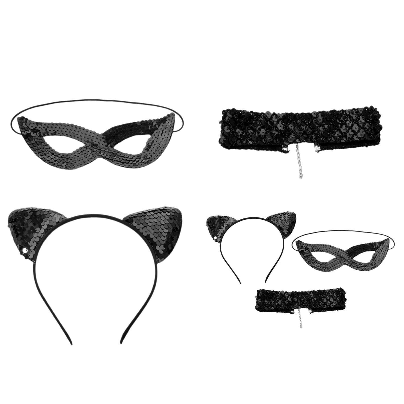 TiaoBug Black Cat Costume Accessories Glitter Sequined Cat Ears Headband Eyemask Choker for Halloween Cosplay Party
