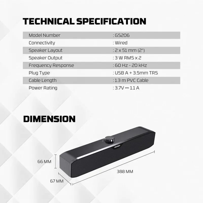 Fantech GS206 Speaker Gaming Wired GROOVE BAR LITE GS206 Non RGB Mimimalist Super Bass Wired Mode