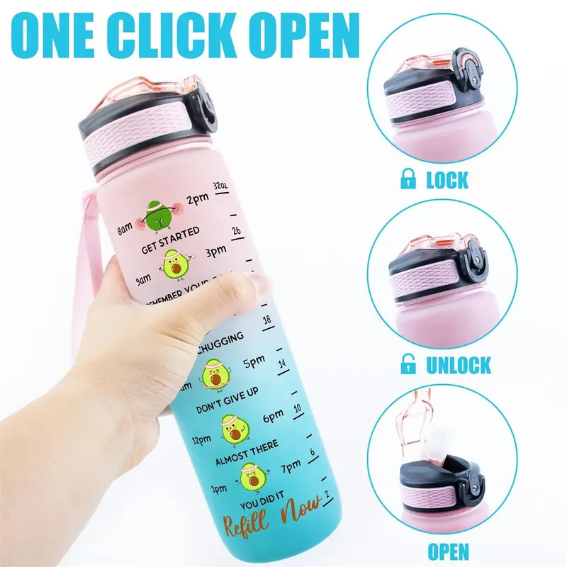 32oz Water Bottle, 1 Count Cartoon Squat Pattern Sports Drinking Bottle with Time Marker, Leakproof Fitness Water Bottle for Home Office Gym Workout, Drinkware 3