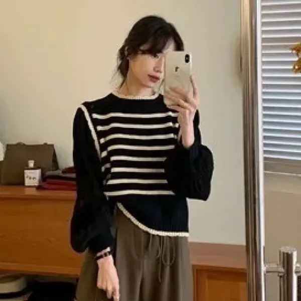 FLIDA - D28 atasan rajut wanita lengan balon panjang Korean Style - Remaja, Baju - Putih - Knitwear Tanga 5