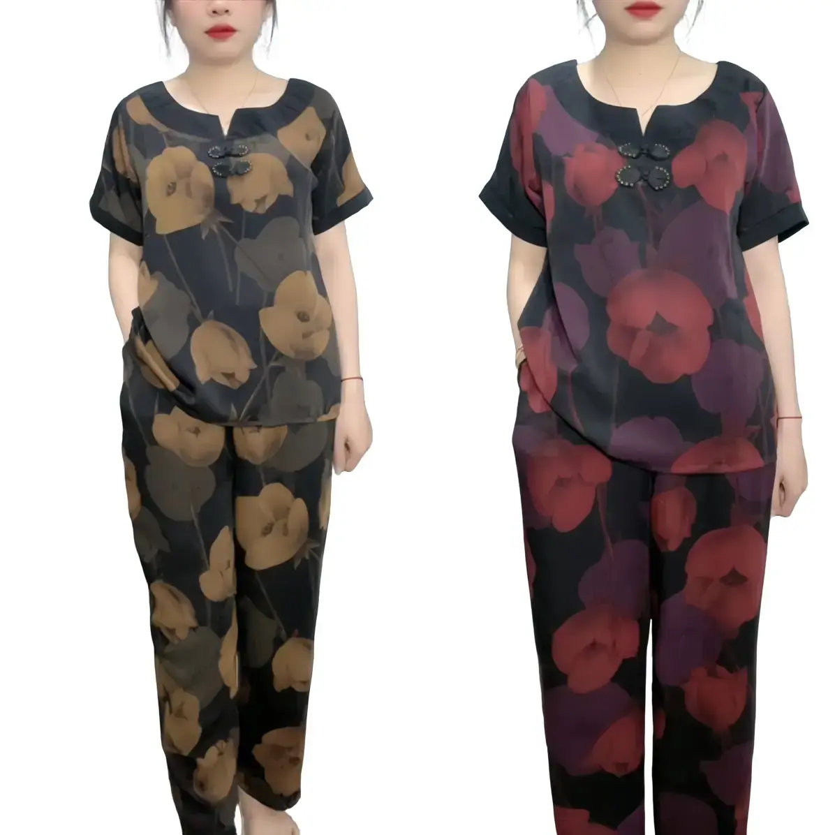 Đồ bộ trung niên nữ , đồ bộ lụa mango hoạ tiết hoa tulip ,quần 9tấc , áo cộc tay Women Bo Chun Voi.